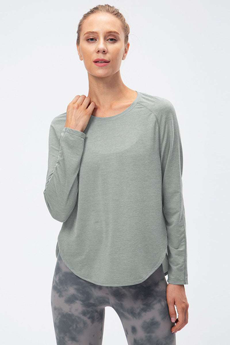 Breathable Raglan Sleeve Side Slit Yoga Top