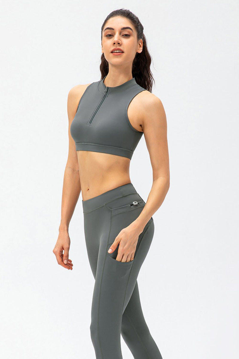 Quarter-Zip Open Back Cropped Yoga Tank